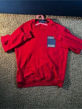 Calvin Klein Jeans Men’s Bold Red Crewneck with Logo Patch